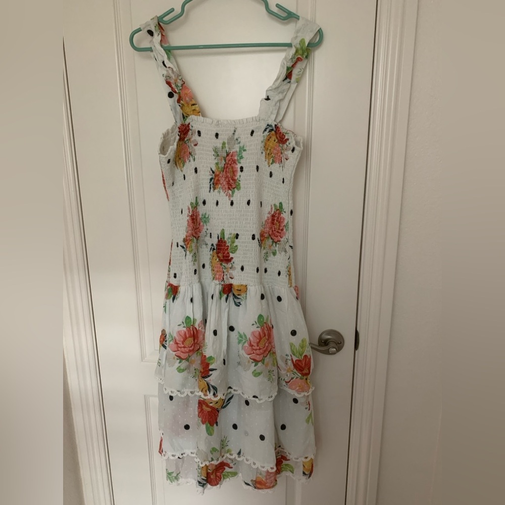 EUC Farm Rio Smocked Floral Dress Size XL Tiered Lace Trim 35" Length - Picture 3 of 9